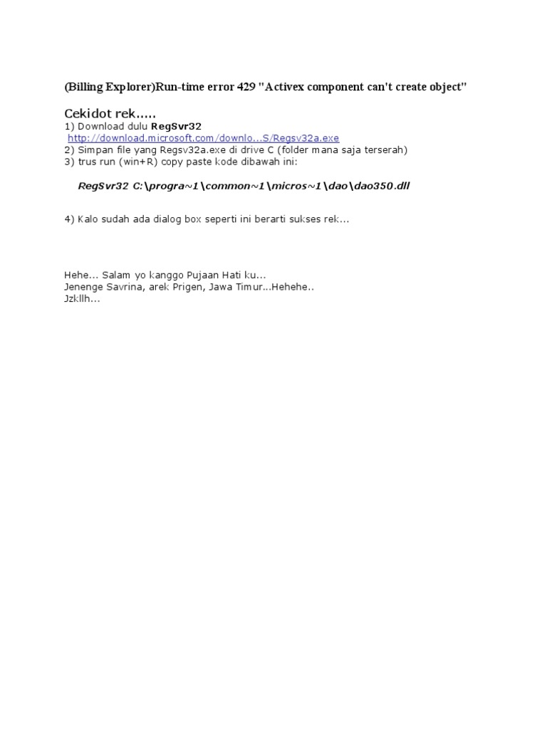 Billing Explorer Run-Time Error 429 Activex Component Can'T Create.