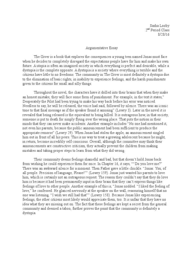 the giver 5 paragraph essay