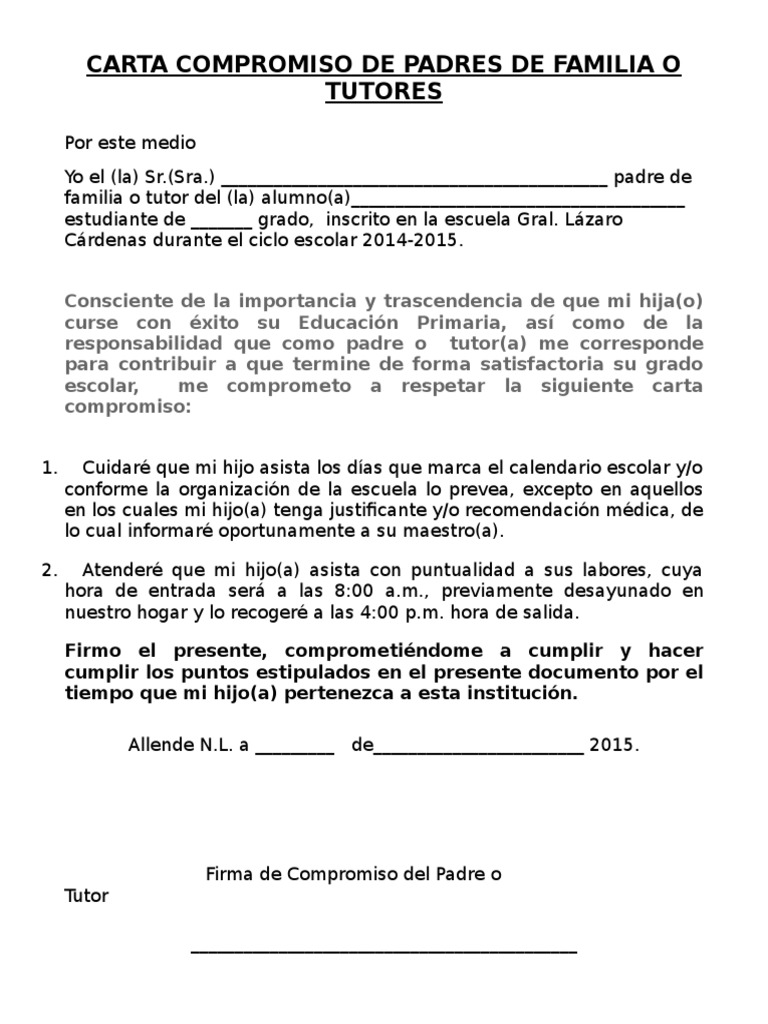 Carta Compromiso de Padres de Familia | PDF | Comportamiento | Maestros