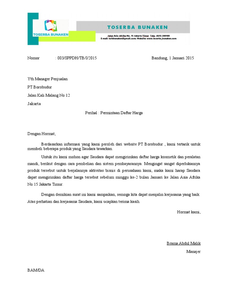 Surat Permintaan Penawaran Harga Barang Pdf