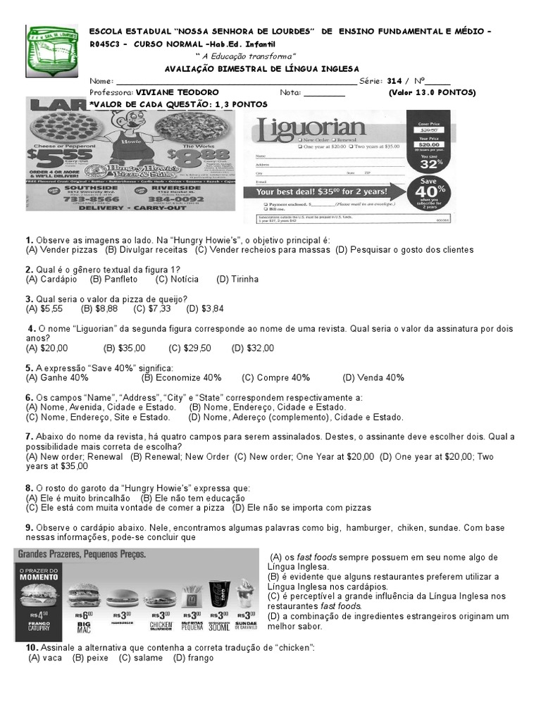 1 Ano 2 Bimestre Ingles | PDF | Bem-estar