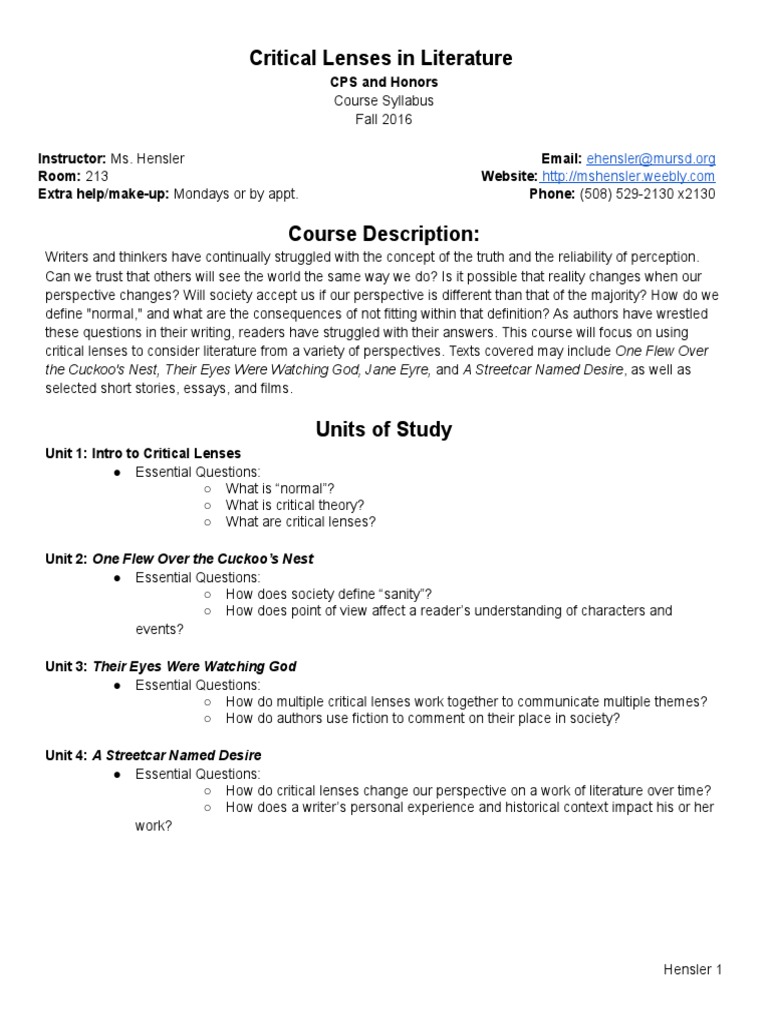 Critical Lenses in Literature PDF Educational Assessment Homework