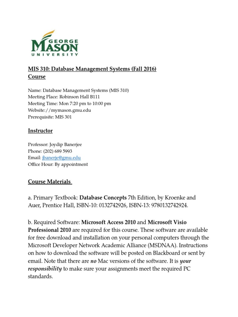 MIS 310 Course Syllabus Overview | PDF | Relational Database | Databases
