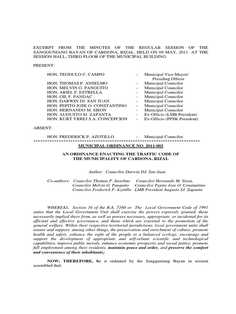 Cardona Rizal Local Traffic Code | PDF | Traffic | Driver's License