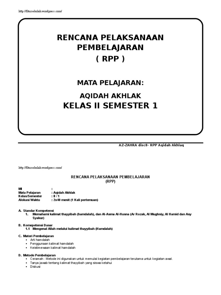 Rpp Akidah Akhlak Mi Kelas 2 Semester 1 | Bagikan Kelas