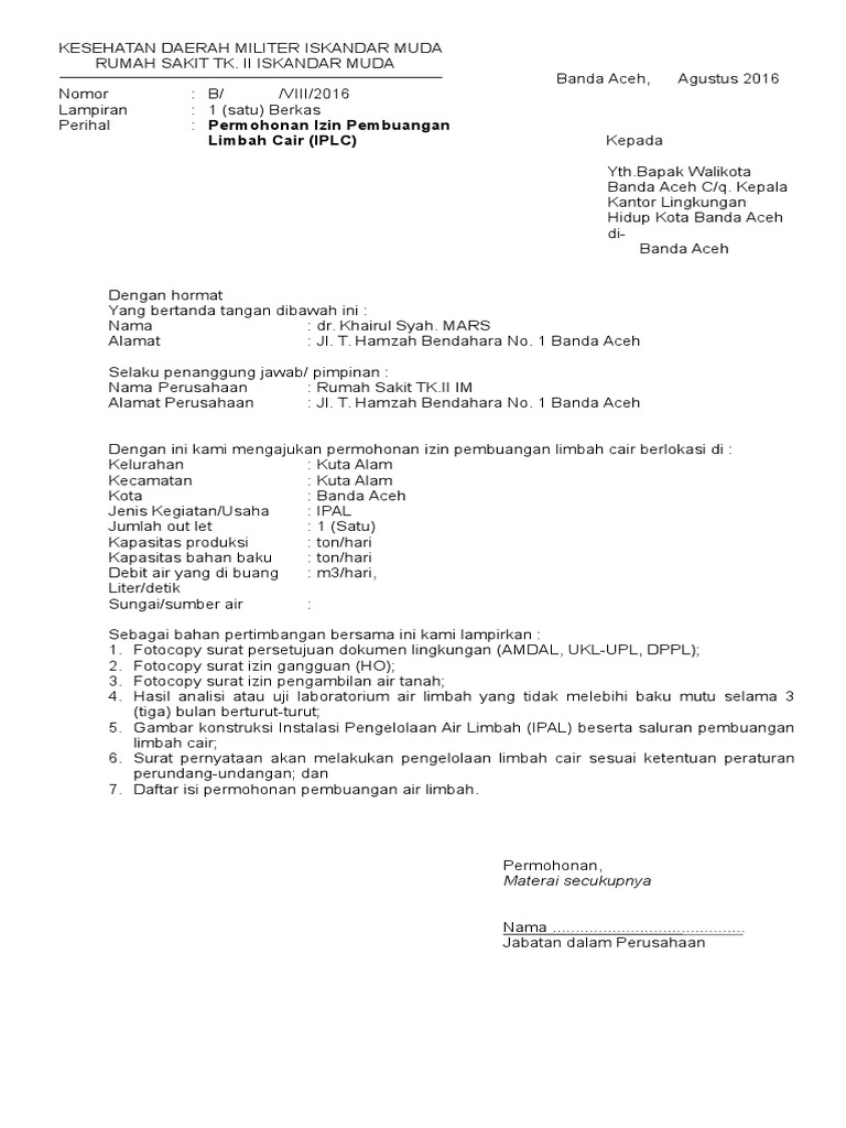 Contoh Surat Permohonan Uji Laboratorium Air