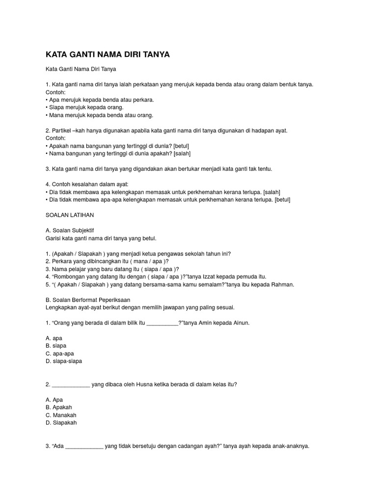 Latihan Tatabahasa Kata Ganti Nama Tunjuk Tingkatan 3 Pdf