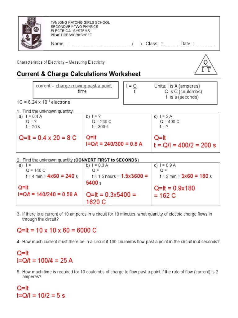 21 Current and Charge Calculations Worksheet - Answers  PDF Inside Charge And Electricity Worksheet Answers