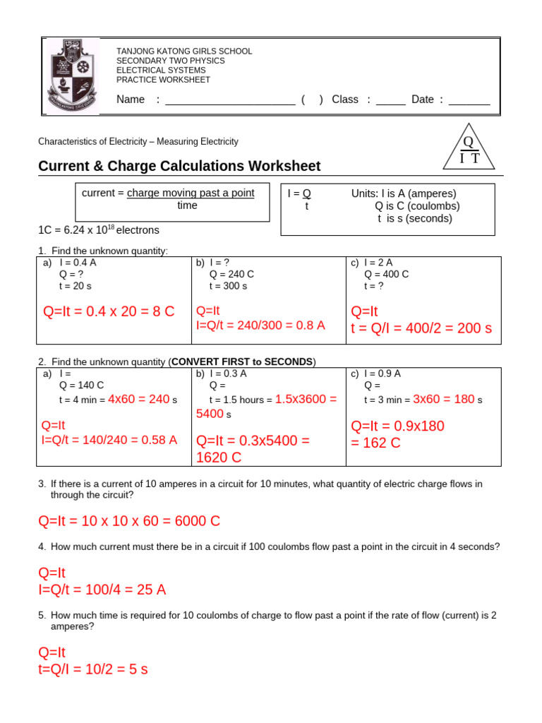 1 Current and Charge Calculations Worksheet Answers PDF