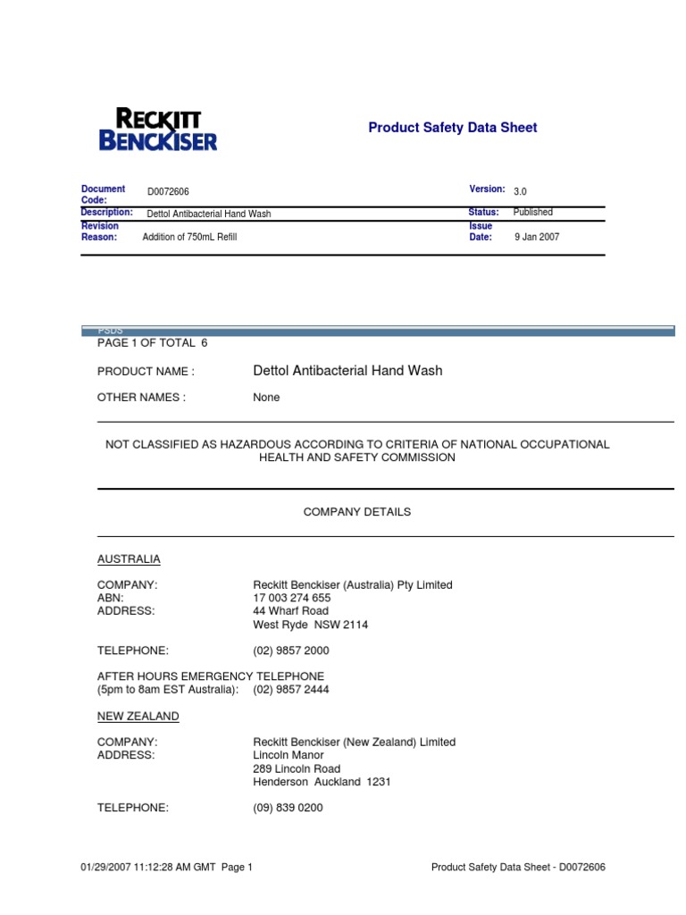 MSDS Dettol PDF Toxicity Occupational Safety And Health