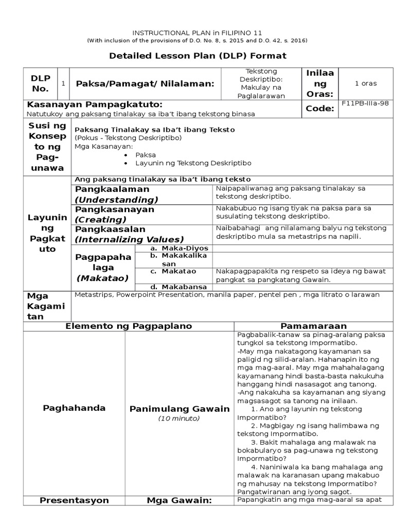 Pagbasa at Pagsusuri sa Iba't Ibang Teksto QIII Sample iPlan
