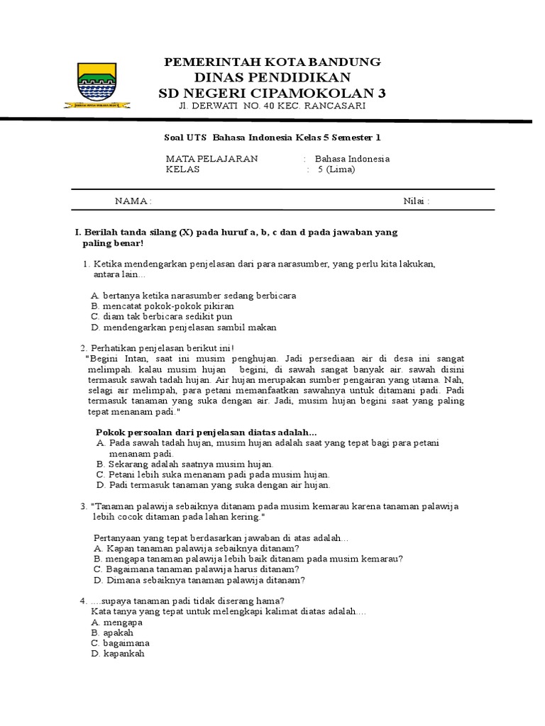 soal UTS Bahasa Indonesia Kelas 5 semester 1.doc