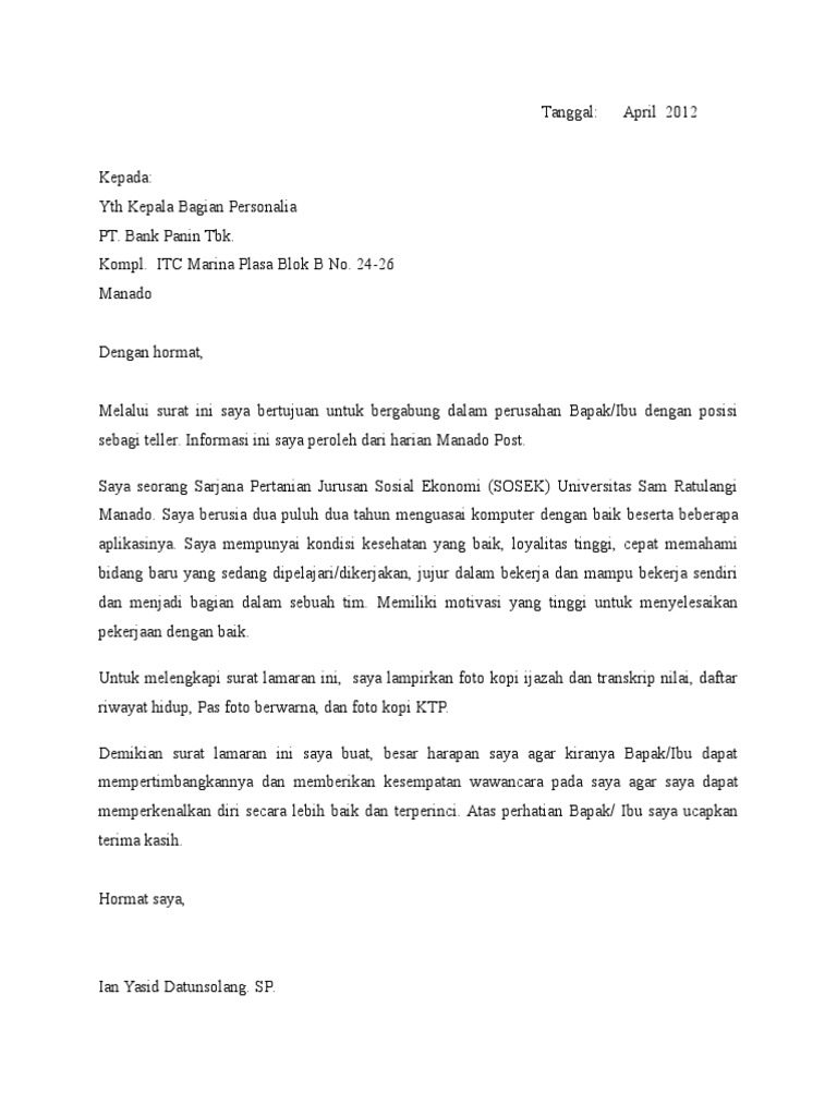 Contoh Surat Lamaran Kerja Di Bank Panin - Bagikan Contoh