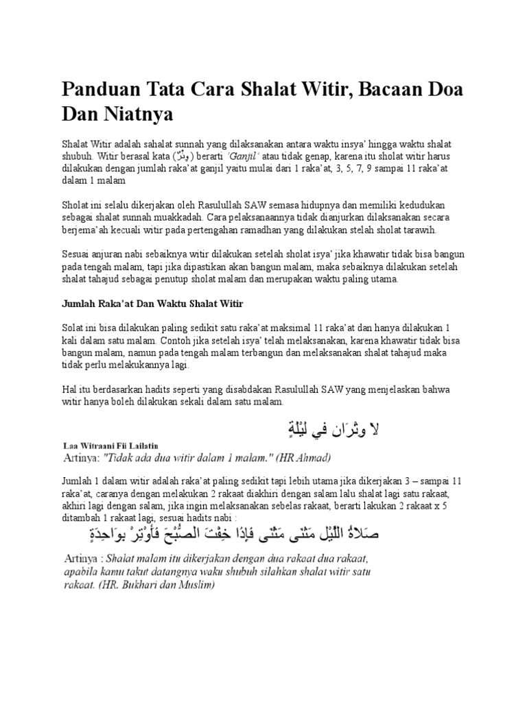 Tata Cara Shalat Witir