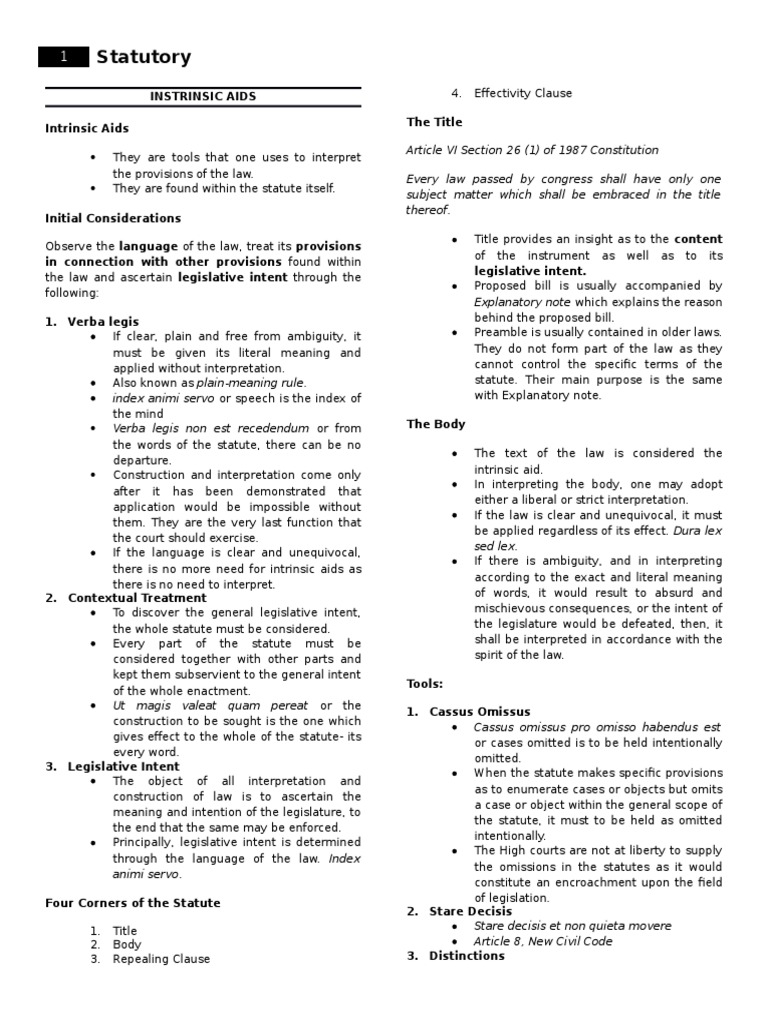 Intrinsic Aids and Extrinsic Aids in Statutory Construction Statutory