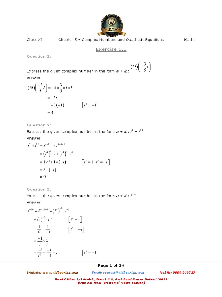 Complex Numbers & Quadratic Equations Guide | PDF | Quadratic Equation ...
