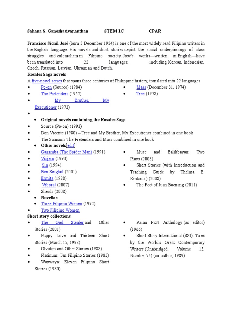 Francisco Sionil Jose Pdf English Language Novels Novels