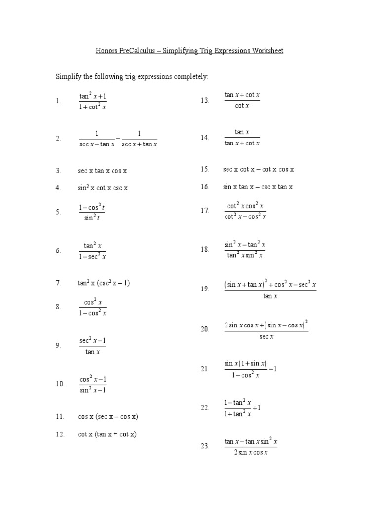 7 1 Simplifying Trig Functions Worksheet