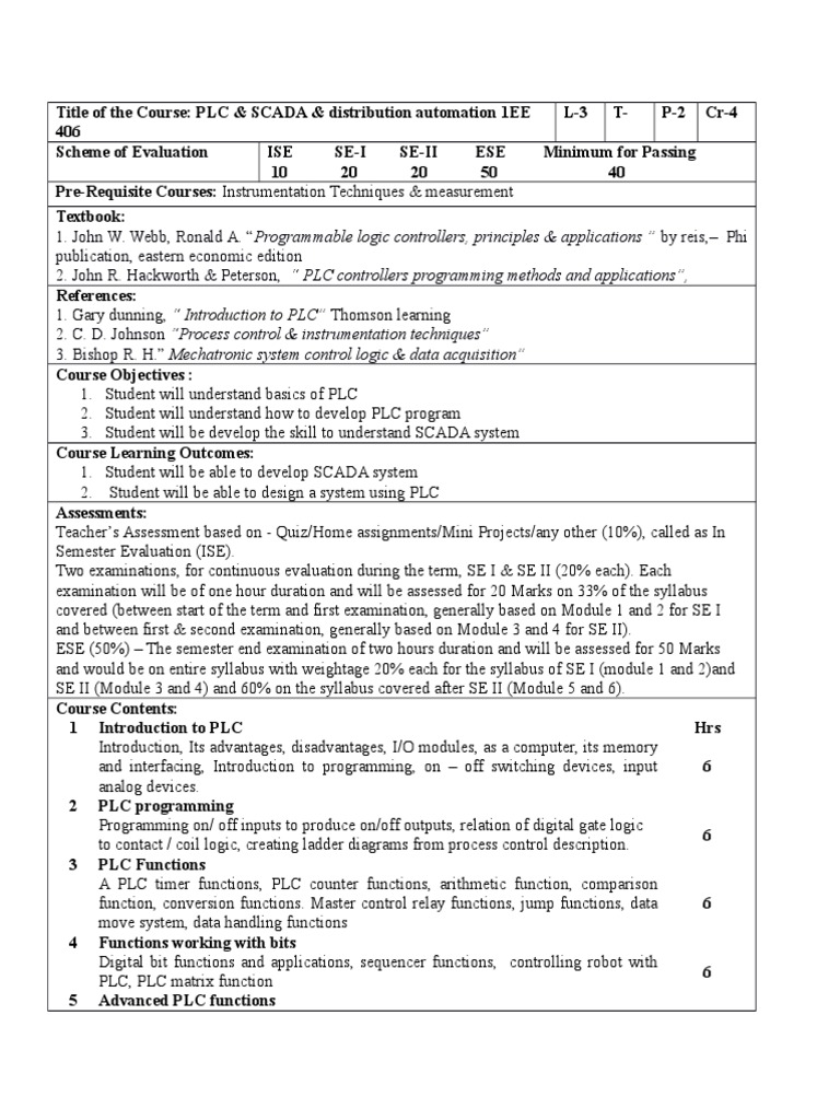 1 EE406 Syllabus PDF Programmable Logic Controller Electrical