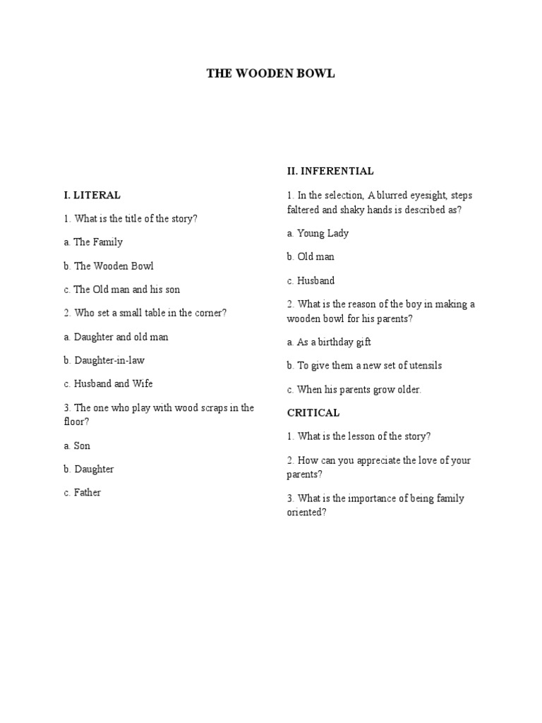 The Wooden Bowl I. Literal Ii. Inferential PDF