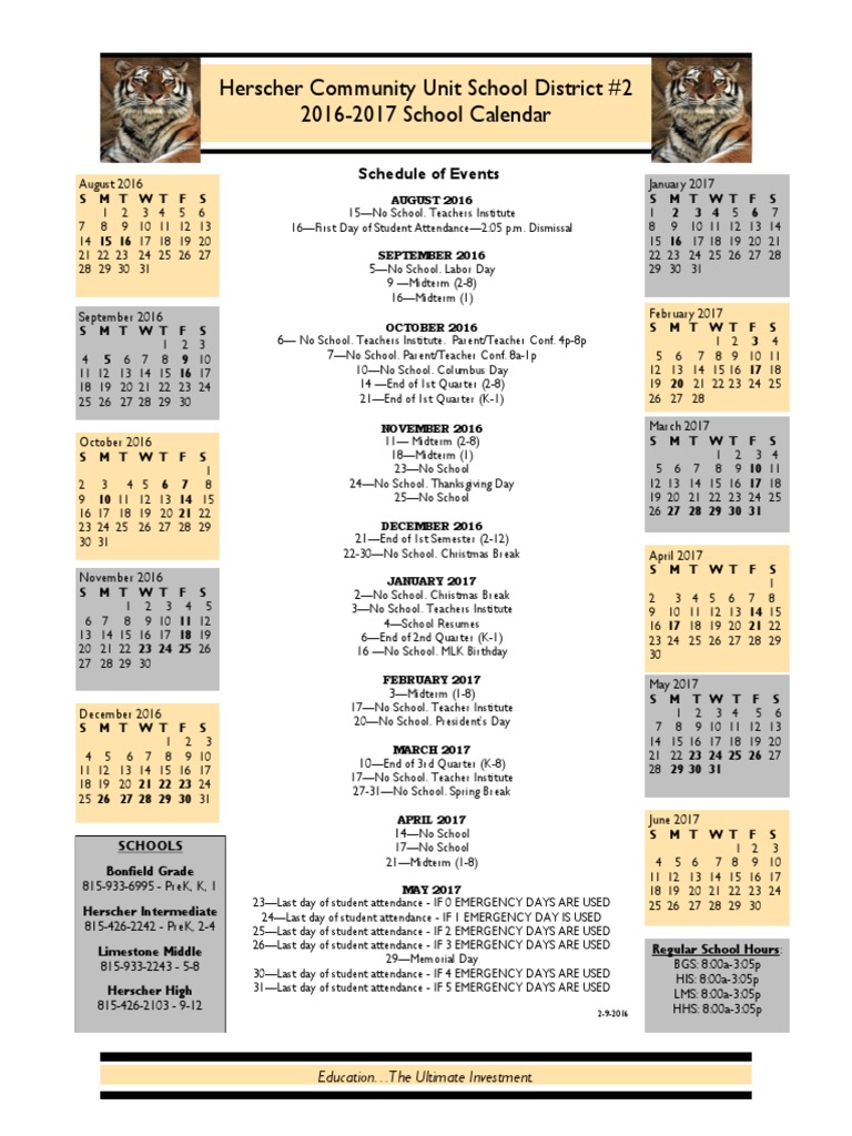 Herscher Community Unit School District 2 20162017 School Calendar