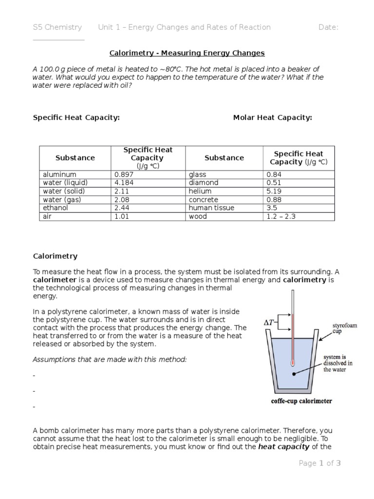 Calorimetry Note (Ms. H) PDF Calorimetry Heat