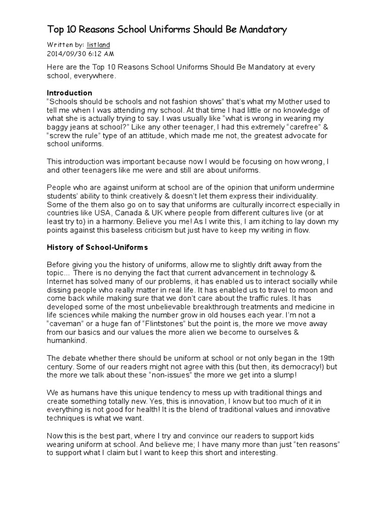 Top 10 Reasons School Uniforms Should Be Mandatory PDF Bullying