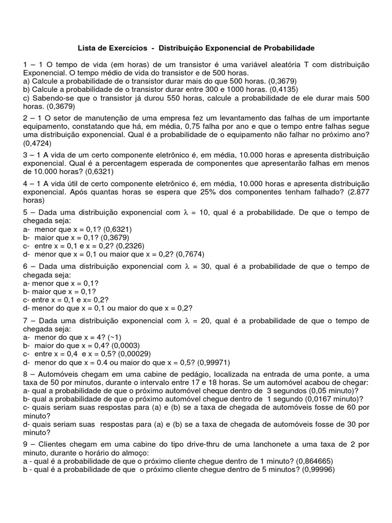 Lista de Distribuição Exponencial Parte 1 | PDF | Distribuição de ...
