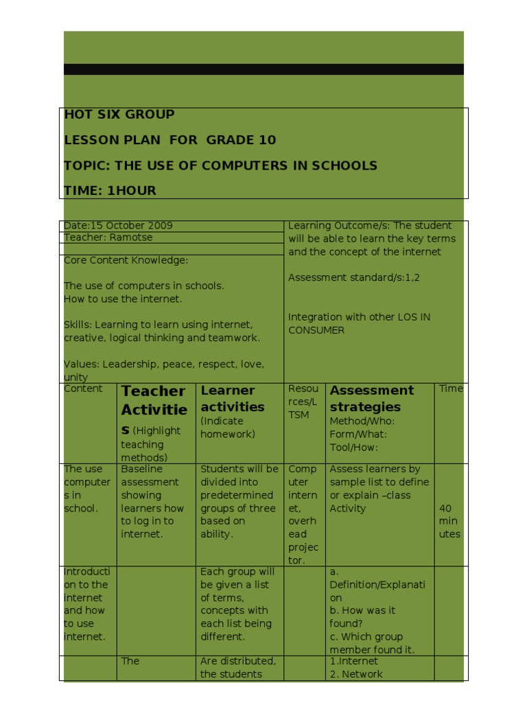 Hot Six Group Lesson Plan For Grade 10 Topic: The Use of Computers in ...