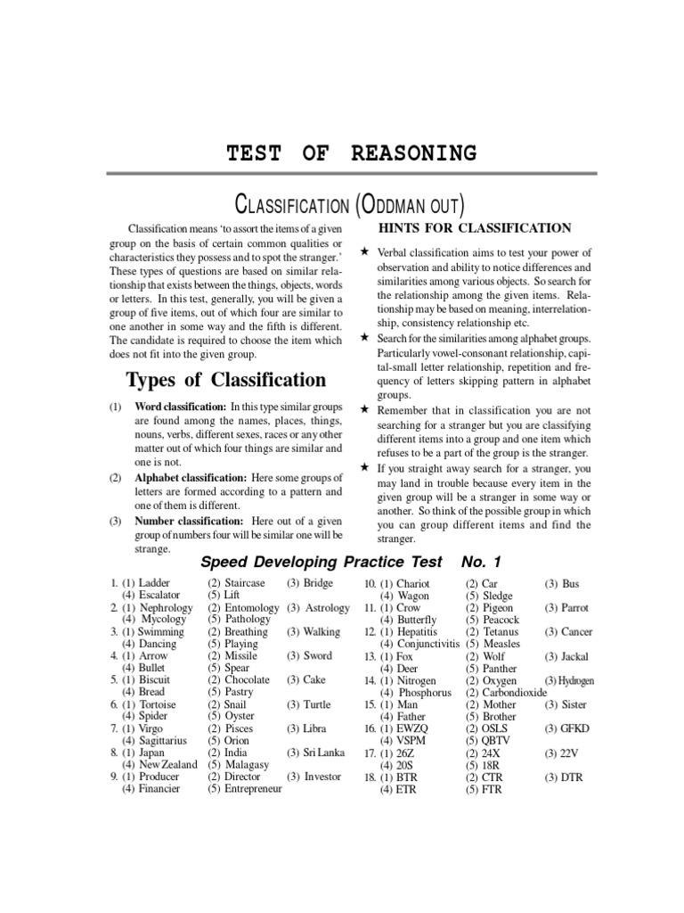 Classification and Reasoning Practice Test | PDF | Analogy | Alphabet
