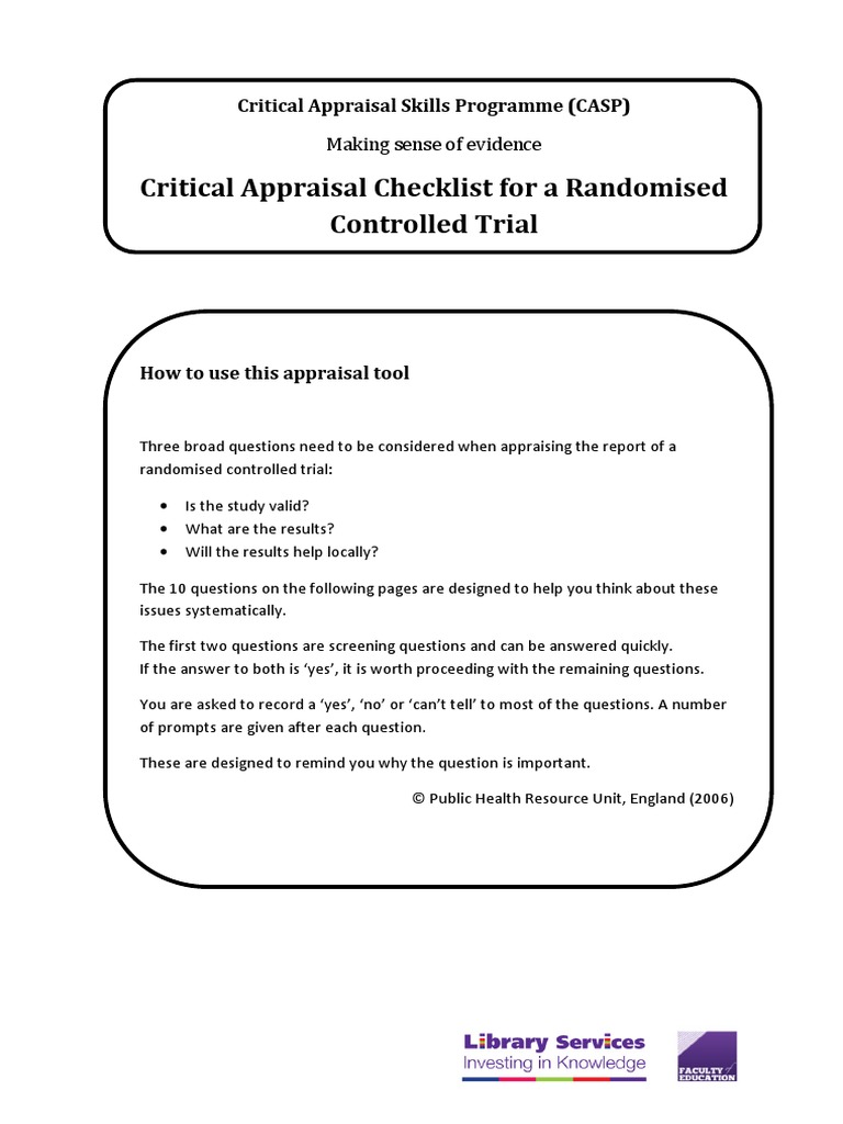 CASP Critical Appraisal Checklist - RCT | Randomized Controlled Trial ...