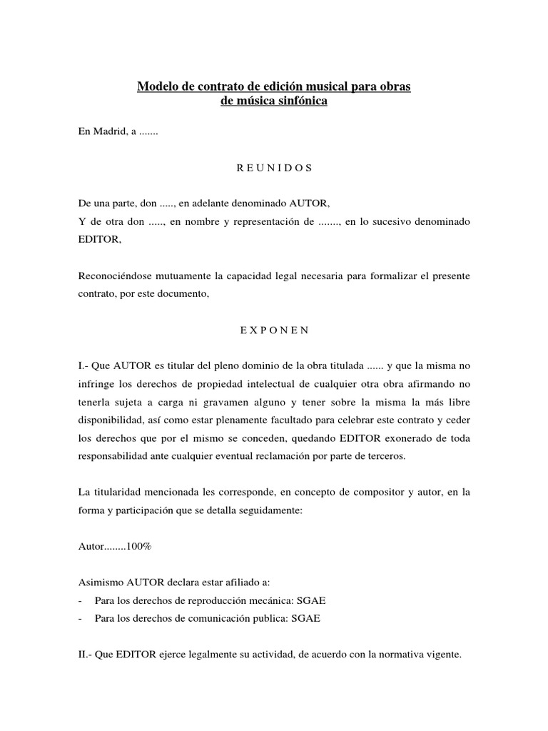 Contrato De Edicion De Obra Musical Ejemplo Ejemplo Sencillo