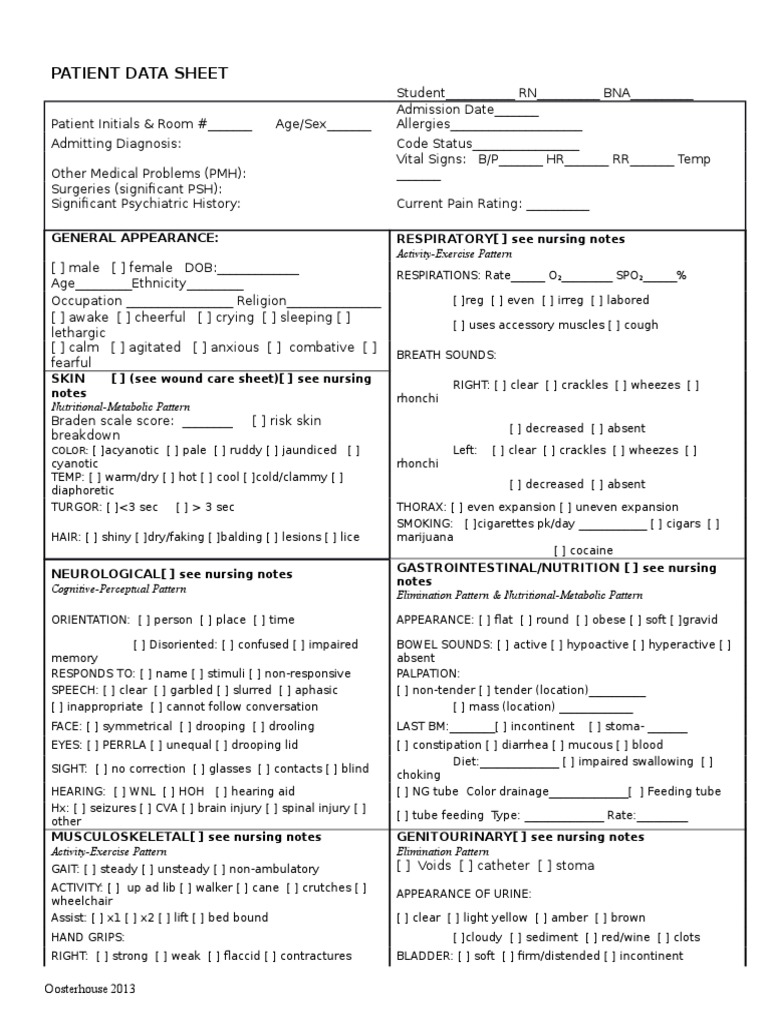 Patient Data Sheet | Clinical Medicine | Medical Specialties