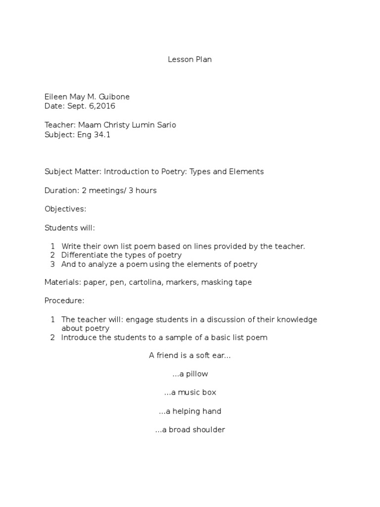 Elements Of Poetry Lesson Plan
