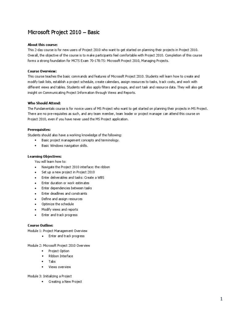 Microsoft Project 2010 Basics Course | PDF | Project Management | Software