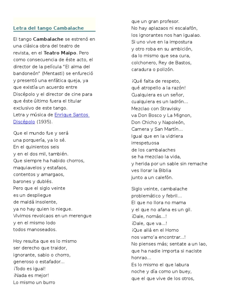 Letra del tango Cambalache | PDF