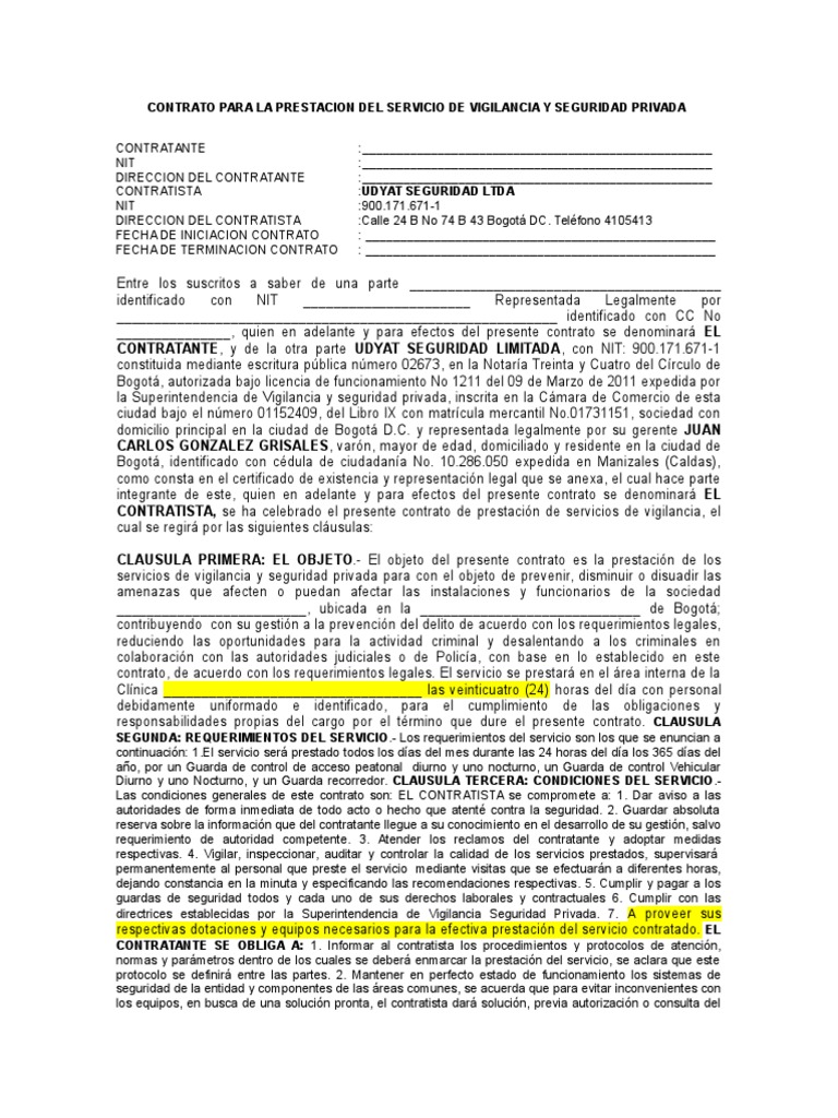 Contrato para La Prestacion Del Servicio de Vigilancia y Seguridad Privada  en Clinica | PDF | Derecho laboral | Gobierno