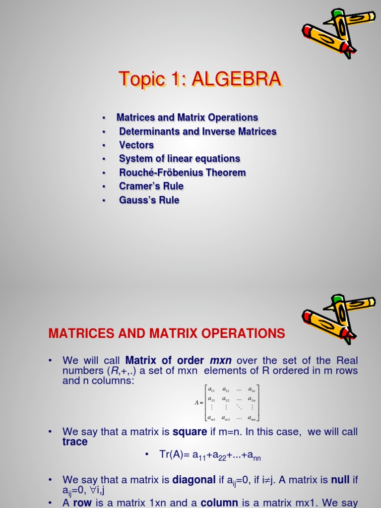 Topic 1: ALGEBRA | PDF | Determinant | Matrix (Mathematics)