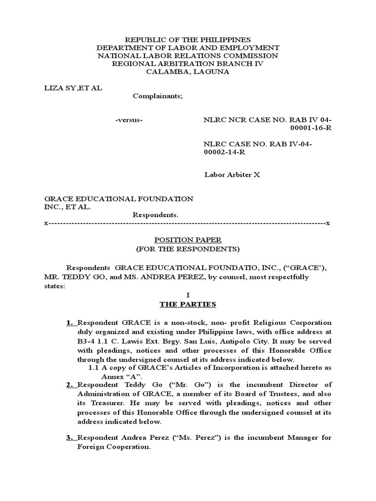 Position Paper for Labor Case NLRC RAB IV | PDF | Employment | Board Of ...