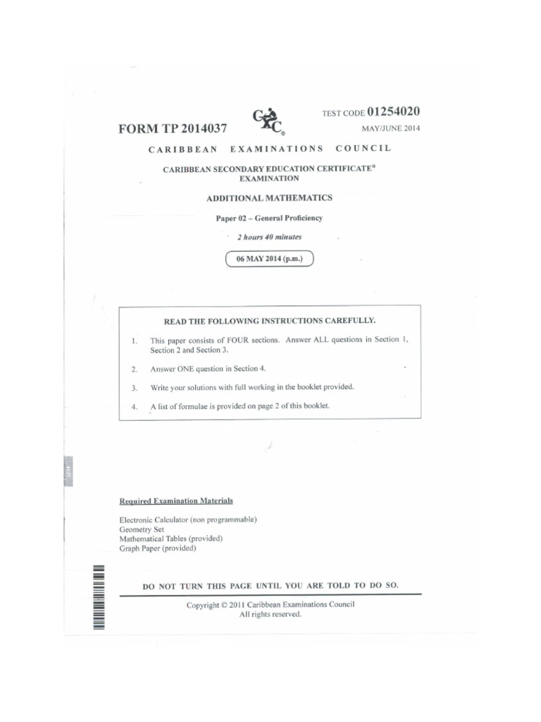 CXC Add Maths p2 2014