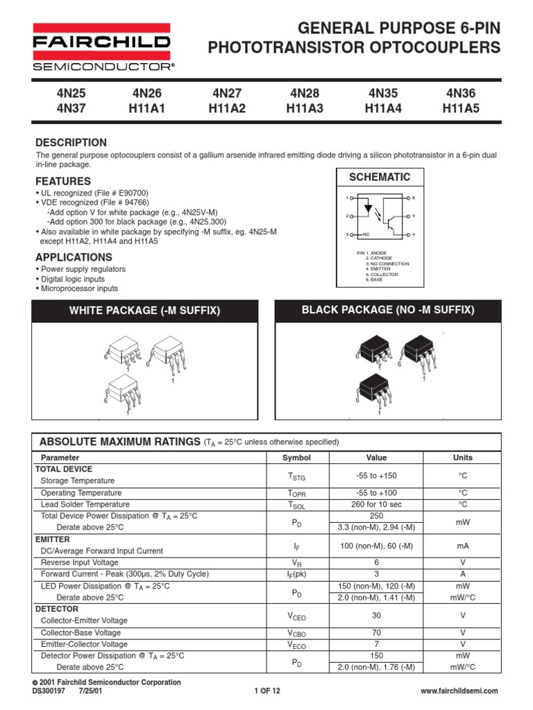 General Purpose 6Pin Phototransistor Optocouplers 4N25 4N26 4N27 4N28 4N35 4N36 4N37 H11A1