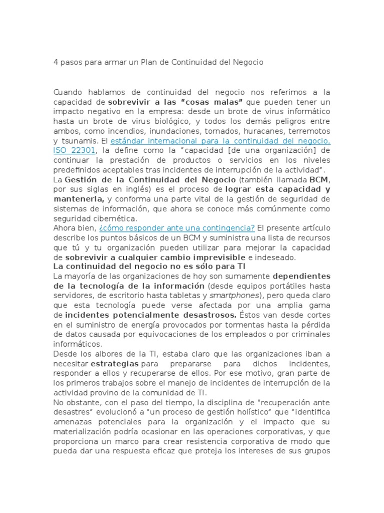 Plan de Continuidad del Negocio en 4 Pasos | PDF | Science | Tecnología ...