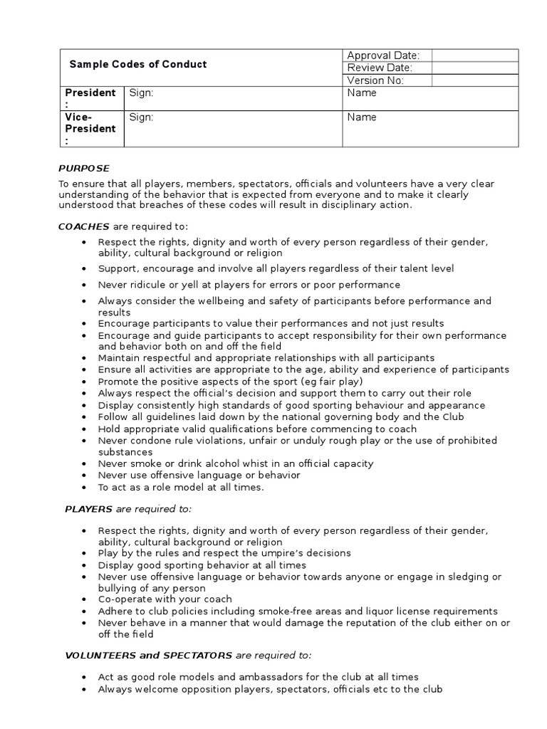 President: Vice-President:: Sample Codes of Conduct | PDF | Referee ...