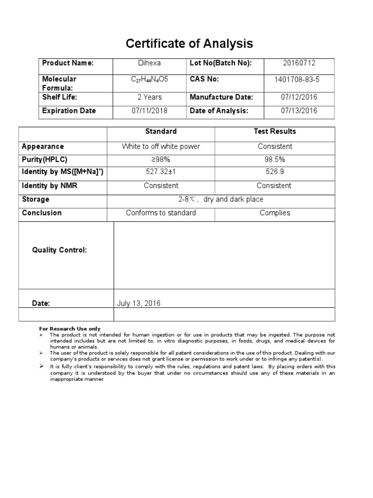 Dihexa Certificate of Analysis Report | PDF