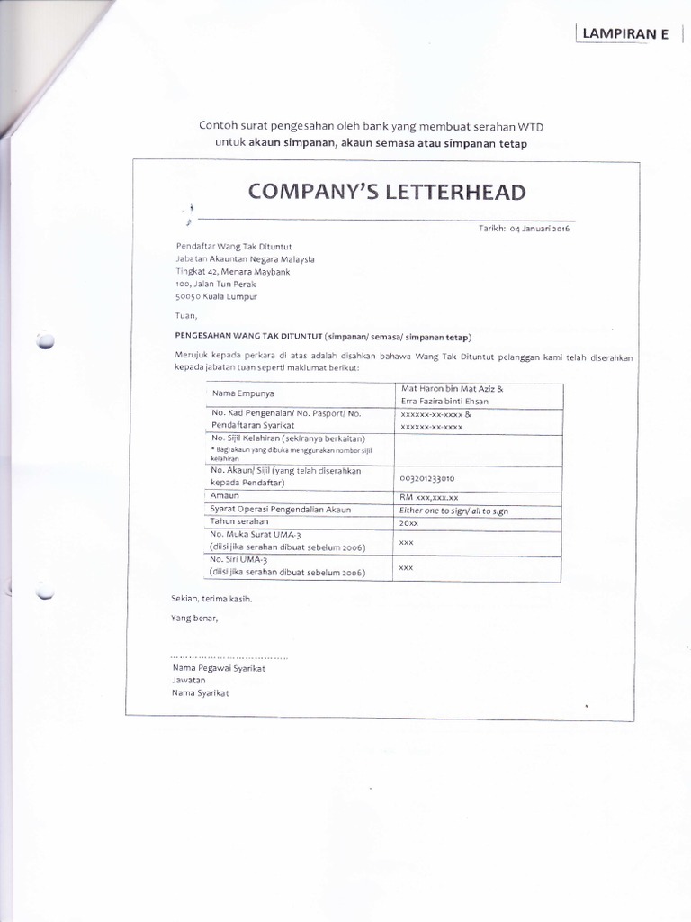 Contoh Surat Pengesahan Akaun Simpanan Akaun Semasa Atau Simpanan Tetap Pdf