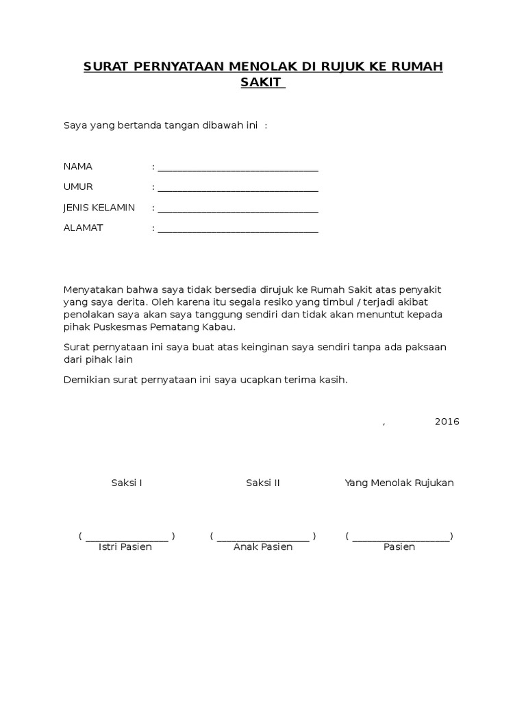 Surat Pernyataan Menolak Di Rujuk Ke Rumah Sakit