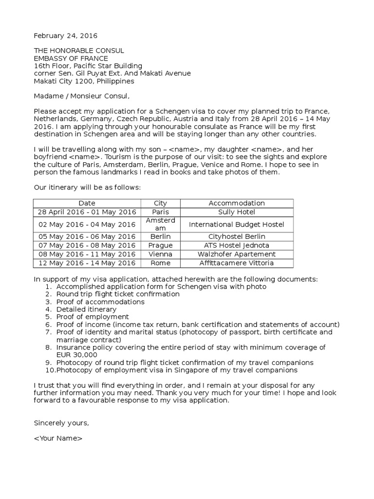 cover letter for schengen visa for spain