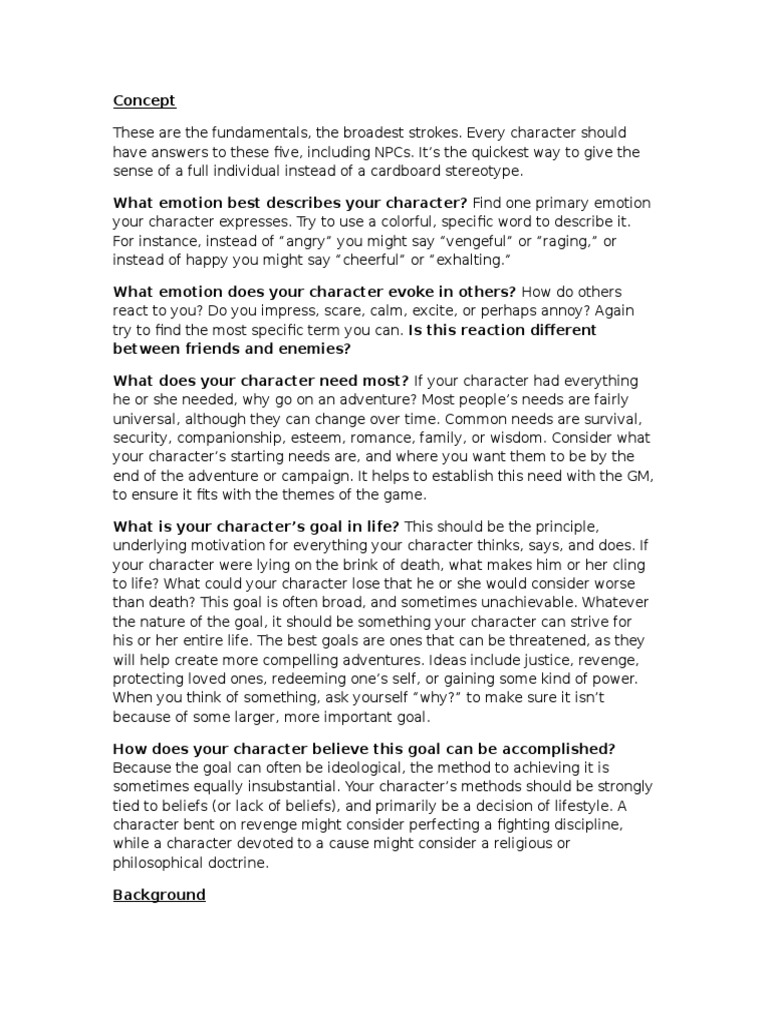 20 Character Questions | PDF | Goal | Role Playing Games