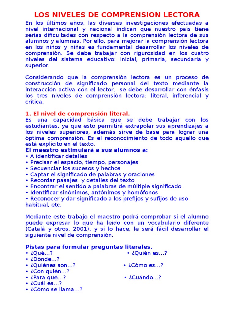 Niveles de Comprensión Lectora en Niños | PDF | Comprensión lectora ...