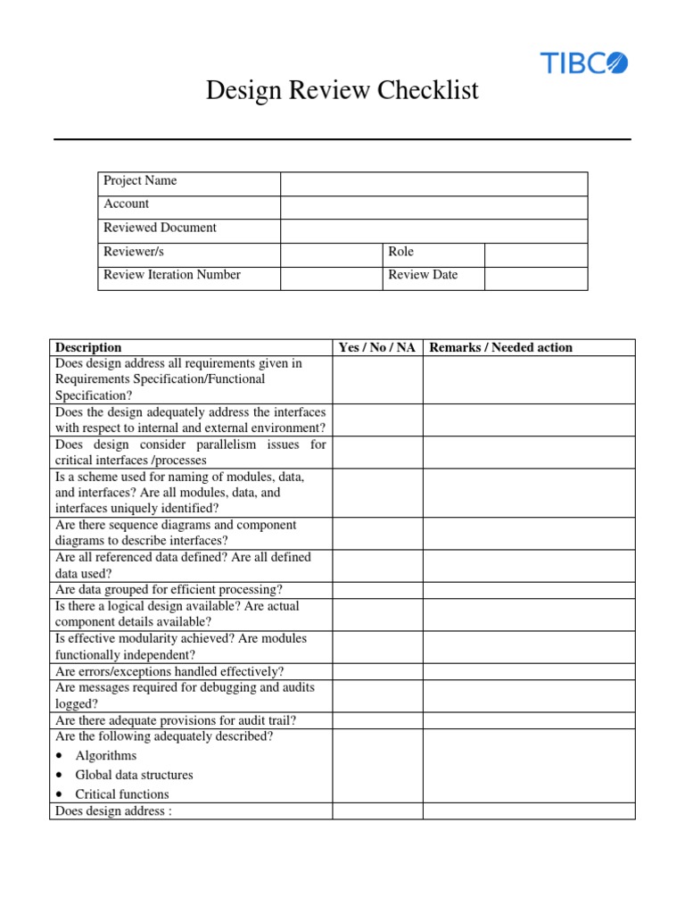 Design Review Checklist Description Yes / No / NA Remarks / Needed
